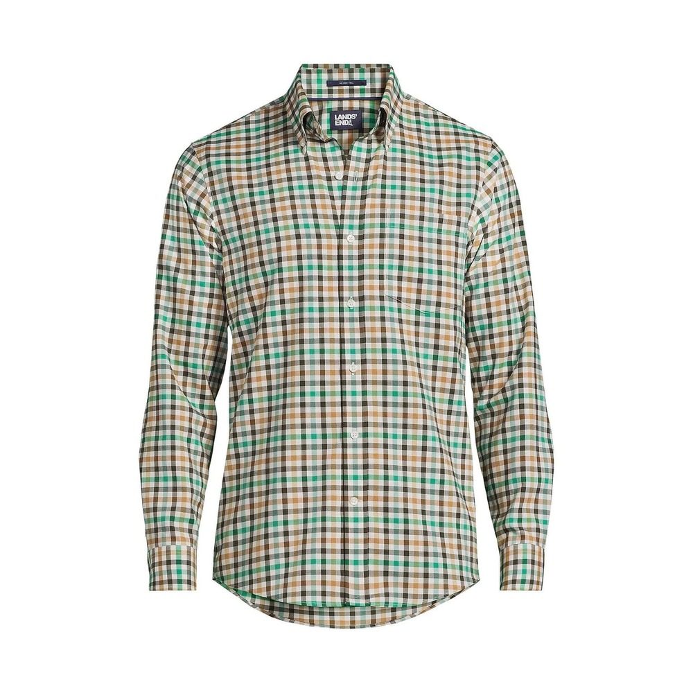 Lands End Mens No Iron Tailored Fit Plaid Button Down Shirt Green L Tall New